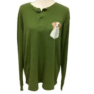 Hand Printed Mens XL Upcycled St Bernard Dog Long Sleeve Henley Waffled Shirt